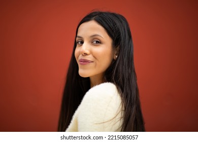 Close Up Side Portrait Young Latin Woman Against Red Wall