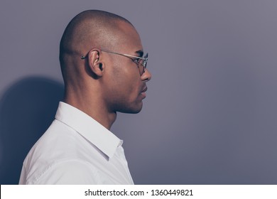 Close Up Side Profile Photo Amazing Dark Skin He Him His Macho Look Attentively Empty Space Listening News Novelty Corporate Meeting Shaved Face Wear Specs White Shirt Isolated Grey Background