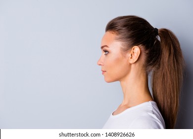 Close up side profile photo beautiful amazing she her lady perfect ideal appearance look empty space imaginary flight listen good news  wear casual white t-shirt isolated grey background