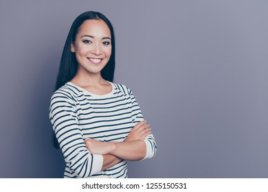 Close up side profile photo of glad attractive she her girl standing confidently with crossed hands sure in right decision wearing white striped pullover isolated on grey background - Shutterstock ID 1255150531