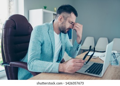 Close up side profile photo handsome he him his macho guy had no rest relax sleep all week take eyewear off hold nose bridge overwhelmed day night working notebook table sit office chair wear jacket