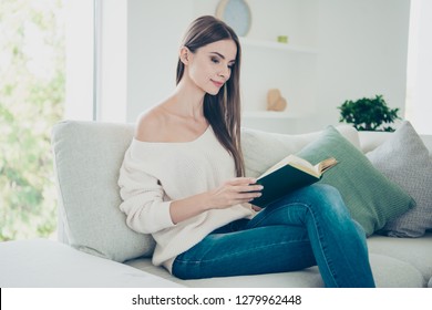 Close Up Side Profile Photo Of Wonderful Pretty Brunette She Her Lady Interested In Book Plot Can Not Take Eyes Off Reading Wearing Casual Jeans White Pullover 