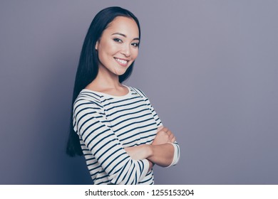 Close up side profile portrait of amazing attractive brunette she her girl looking gladly inviting to come in store shop mall wearing white casual pullover isolated on grey background - Shutterstock ID 1255153204