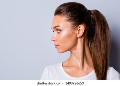 Close Up Side Profile View Photo Amazing Beautiful She Her Lady Perfect Appearance Look Side Empty Space Not Smiling Reliable Person Wear Casual White T-shirt Clothes Isolated Grey Background