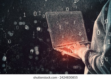 Close up and side view of hacker hands using laptop while standing on abstract dark hacking background with bokeh circles and binary coding. Malware and phishing, data theft concept