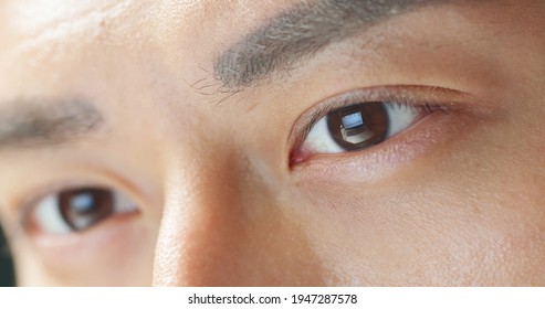 Close Up Side View Of Male Eye From Asian Young Man Who Is Looking At Information On Laptop