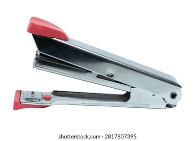 A close up side view of a red and silver stapler isolated on a white background highlighting metal construction and practical design