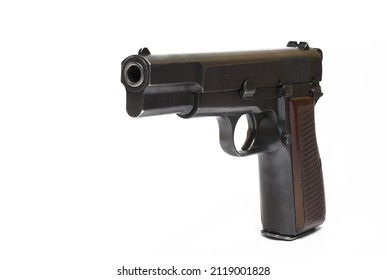 Close Up Side View Semi-automatic Pistol With Wooden Grip Panels On The Grip And Black Barrel On White Background
