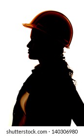 A Close Up Silhouette Of A Woman's Face And Hard Hat