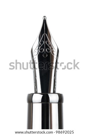 Close up of silver fountain pen nib isolated on white background