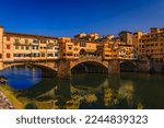 Close up of silversmith shops on the famous Ponte Vecchio bridge on the Arno River in Centro Storico, Florence, Italy