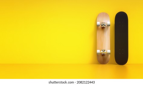 Close up of Skateboard front and back side on wall at home, mockup template