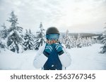 Close Up Of The Ski Goggles Of A Woman With The Reflection Of Snowed Mountains. Portrait Of Woman On The Background Of Mountains.