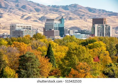 Close up skyline of Boise Idaho with fall trees