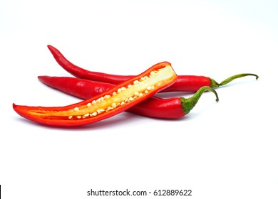 Close Up Sliced Red Chilli Pepper Isolated On White Background.