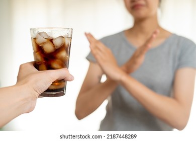Close Up Slim Woman Hand Cross Say No Avoid And Reject Her Favorite Cola Soft Drink High Sweet Sugar For Good Health Diet And Calories Control