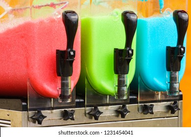 Close up of slush machine. Slushy ice made colorful drink refreshing during summer