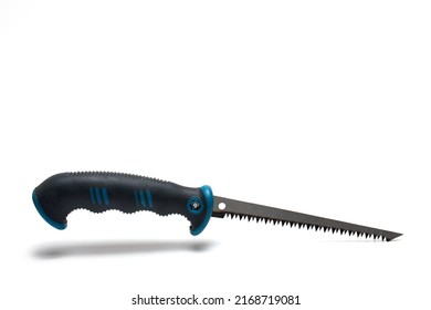 Close up of small pointed hand saw with sharp pointed short blade and clearly visible teeth on white background