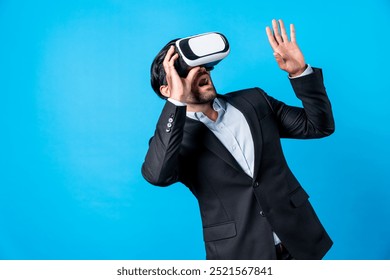 Close up of smart project manager looking financial graph hologram from VR glass. Professional business man surprised while checking financial plan from virtual reality world and metaworld. Deviation. - Powered by Shutterstock