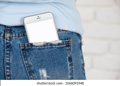Close up of Smartphone with blank screen in jeans pocket. For add your text woith copy space.