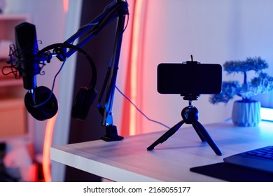 Close Up Of Smartphone On Stand At Gaming Set Up For Live Stream, Copy Space