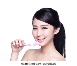 Close Up Of Smile Woman Brush Teeth. Great For Health Dental Care Concept, Isolated Over White Background. Asian