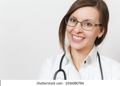 Close Up Smiling Confident Experienced Beautiful Young Doctor Woman With Stethoscope, Glasses Isolated On White Background. Female Doctor In Medical Gown. Healthcare Personnel Health Medicine Concept