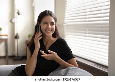 Close Up Smiling Woman Holding Smartphone, Enjoying Pleasant Conversation With Boyfriend Or Friend, Leisure Time, Sitting On Cozy Couch At Home, Happy Young Female Making Phone Call, Chatting