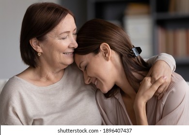 Close Up Smiling Young Woman And Mature Mother Hugging, Elderly Mum And Grownup Daughter Enjoying Tender Moment, Cuddling, Holding Hands, Happy Family Spending Leisure Time At Home Together