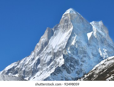 Close Up Of Snow Clad Peak Of Mountain Shivling