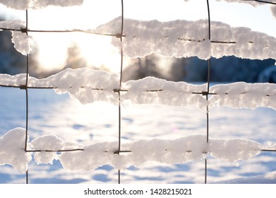 Close Up Of Snow Laying On The Squares Of A Wire Farm Fence With Snow In Background And A Faint Orange Rising Sun - Image
