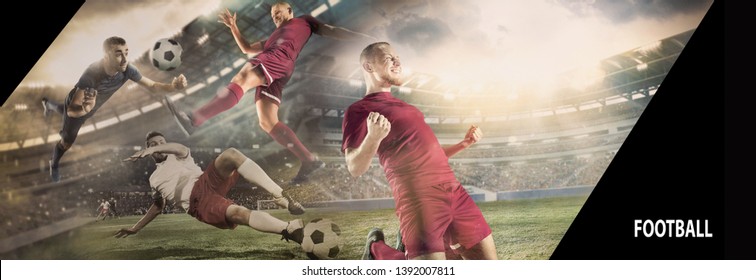 Close up soccer ball in fire on dark background in front of football players of red and blue team fighting for the goal. Creative collage. Movement, action, moving, sport and healthy lifestyle.