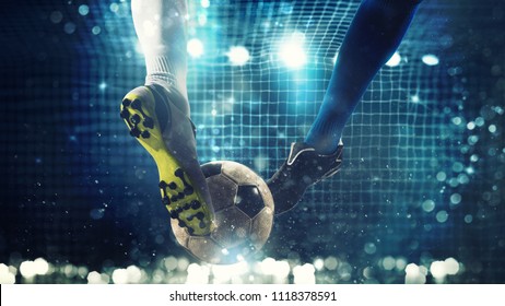 Close up of a soccer striker ready to kicks the ball in the football goal