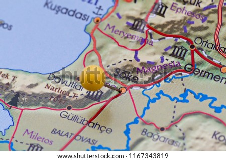 Close up of Soke Turkey map with red push pin.