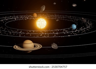 A close up of the solar system with the sun in the center and planet saturn - Powered by Shutterstock