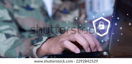 close up soldier man hand check authorization to access security data with virtual icon on laptop for military operation control system concept