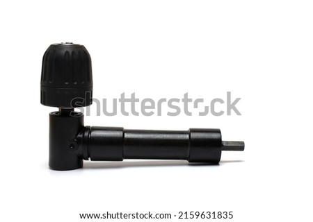 Close up of solid black metal 90 ninety degree angle drill bit for space saving screwing and drilling in tight hard to reach places on white background