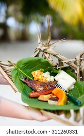 Close Up Of Some Local South Pacific Origin Food On A Weaved Platter