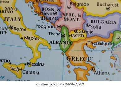 Close up of the South Europe on a map with Greece, Albania and Italy in sharp focus. South Europe or West Europe on a map - Powered by Shutterstock