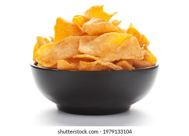 Close up of Soya Chips crunchy and salty Indian Namkeen on a ceramic white bowl.