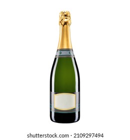 Close Up Of Sparkling Wine Bottle Isolated On White Background. Food Alcoholic Beverages.