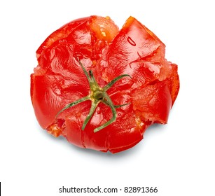 Close Up Of  A Splattered Tomato On White Background