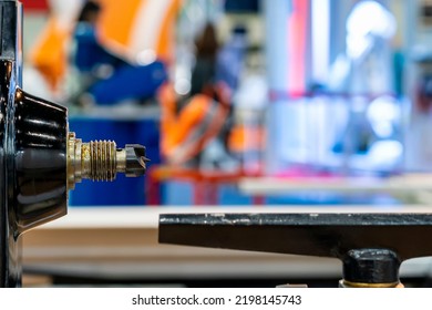 Close Up Spur Or Drive Center In Head Stock Spindle For Workholding Of Wood Lathe Or Wood Turning Machine For Woodworking In Manufacturing Process