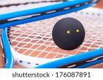 Close up of a squash rackets and balls 