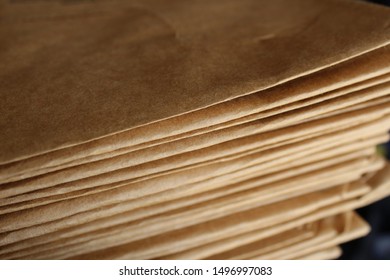 Close Up Of A Stack Of Brown Paper Bags, Which Are Biodegradable. 