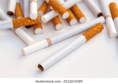 Close up stack of cigarettes on white background. cigarettes isolated on white