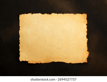 Close up stack of several blank old antique vintage brown paper parchment sheets with aged and weathered edges over dark table background