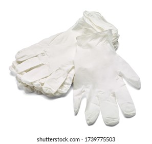 Close Up Of A Stack Of White Latex Protective Gloves On White Background