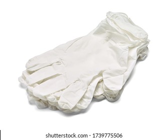 Close Up Of A Stack Of White Latex Protective Gloves On White Background