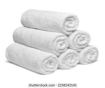 close up of a stack of white towels bathroom on white background - Shutterstock ID 2258243145
